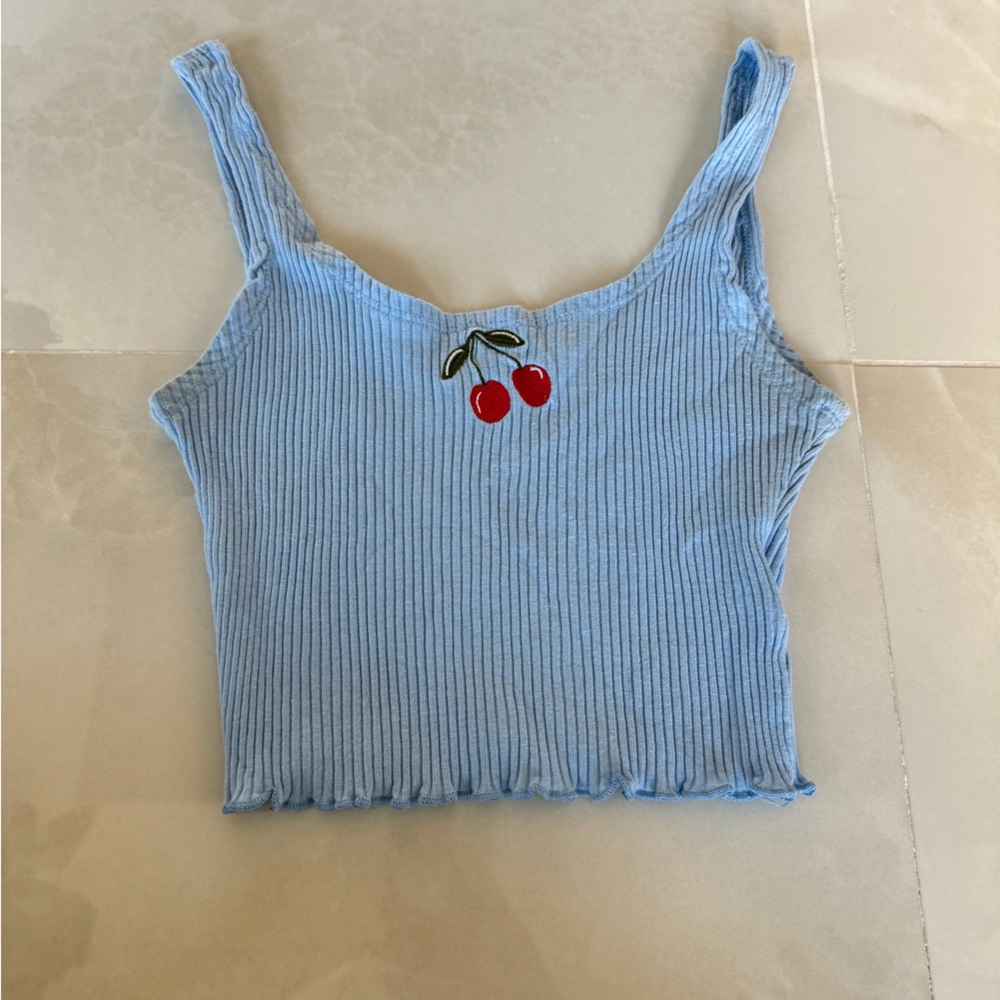 blue cherry embroidered crop top